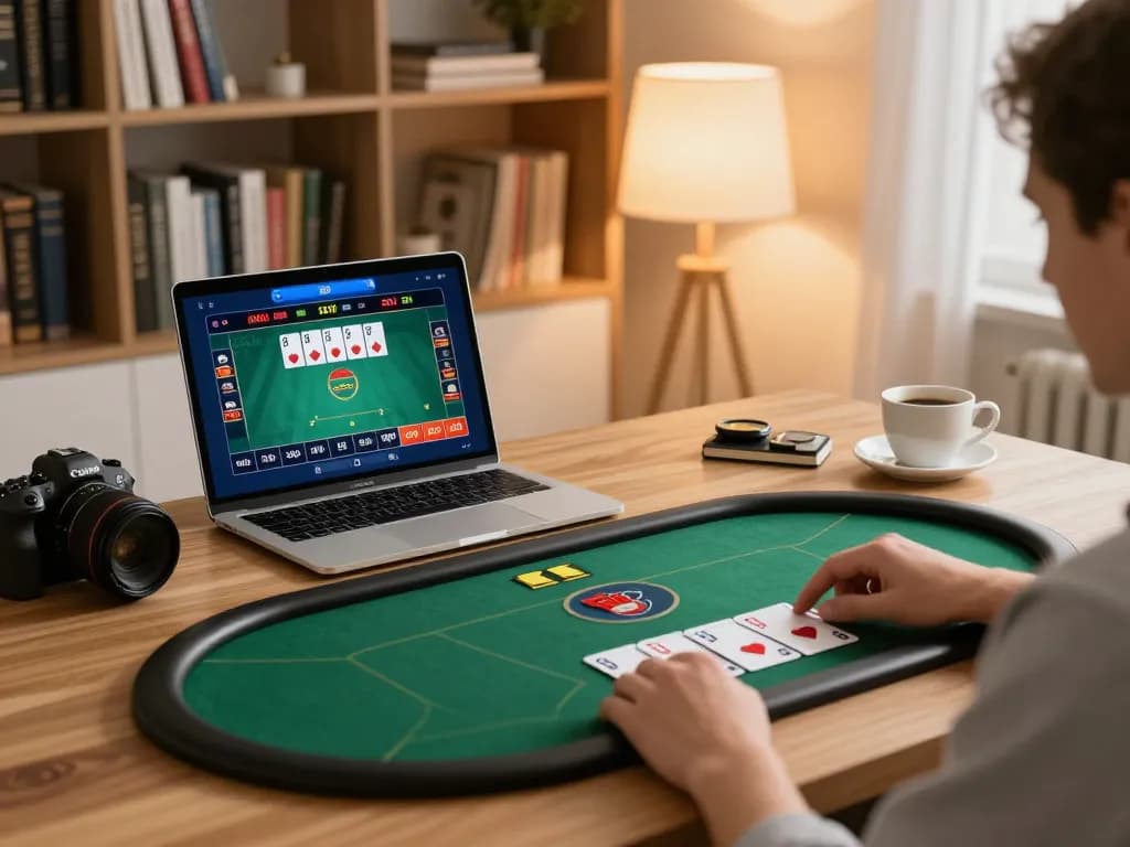 Player enjoying SC88 online poker with tablet in cozy home office, emphasizing strategic gaming