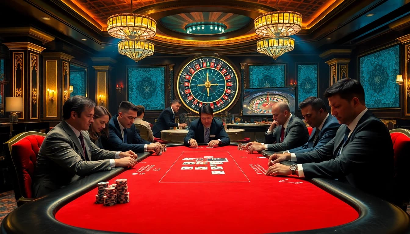 Experience the thrill of professional gambling at jun88.com with high-stakes poker players in a luxurious casino setting.