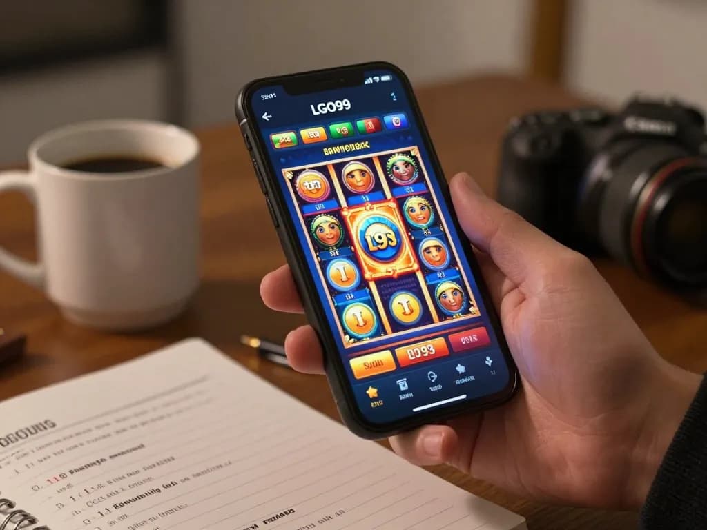 LGO99 user engaging in online gaming on a smartphone showcasing vibrant slot selections and progressive jackpot.