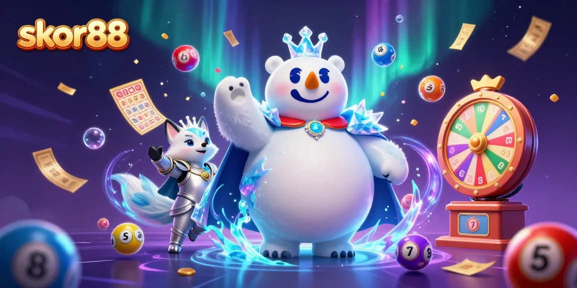Experience the excitement of skor88, featuring dynamic lottery elements and vibrant 3D characters in an engaging casino scene.