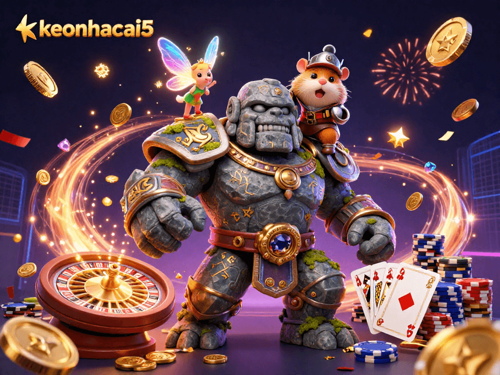 Win big with keonhacai5 in a vibrant casino scene featuring the magical golem and fairy.