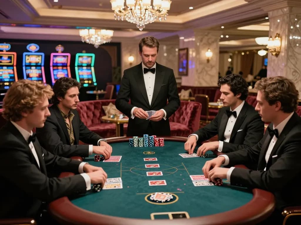 Watch players strategize at a luxurious poker table at https://mb66ax.com/ in a high-end casino setting.