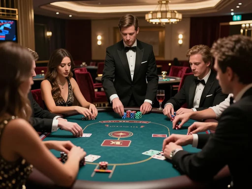 Players strategizing at a kim99 high-stakes poker table in a luxurious casino.