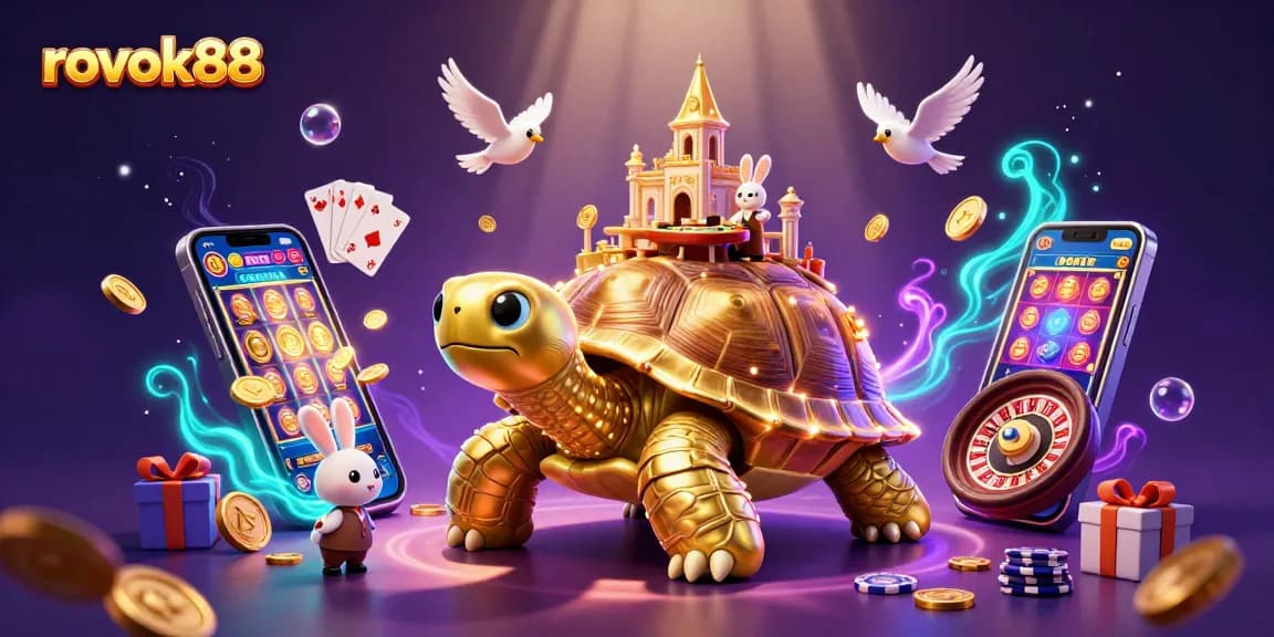 Play exciting games on rokok88 with a vibrant 3D illustration of a golden tortoise casino.