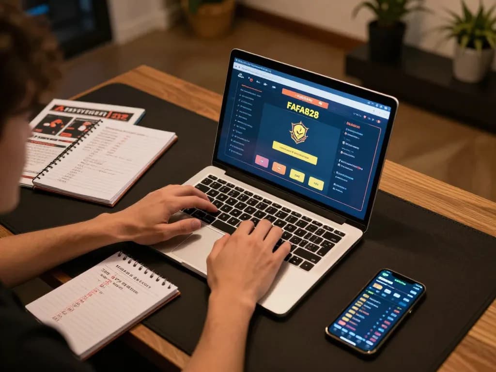 Engaged user playing FAFA828 online casino game on laptop with strategy notes around