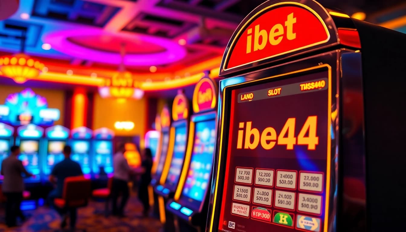 Mainkan ibet44 slot di mesin slot kasino yang bersinar dan cerah.