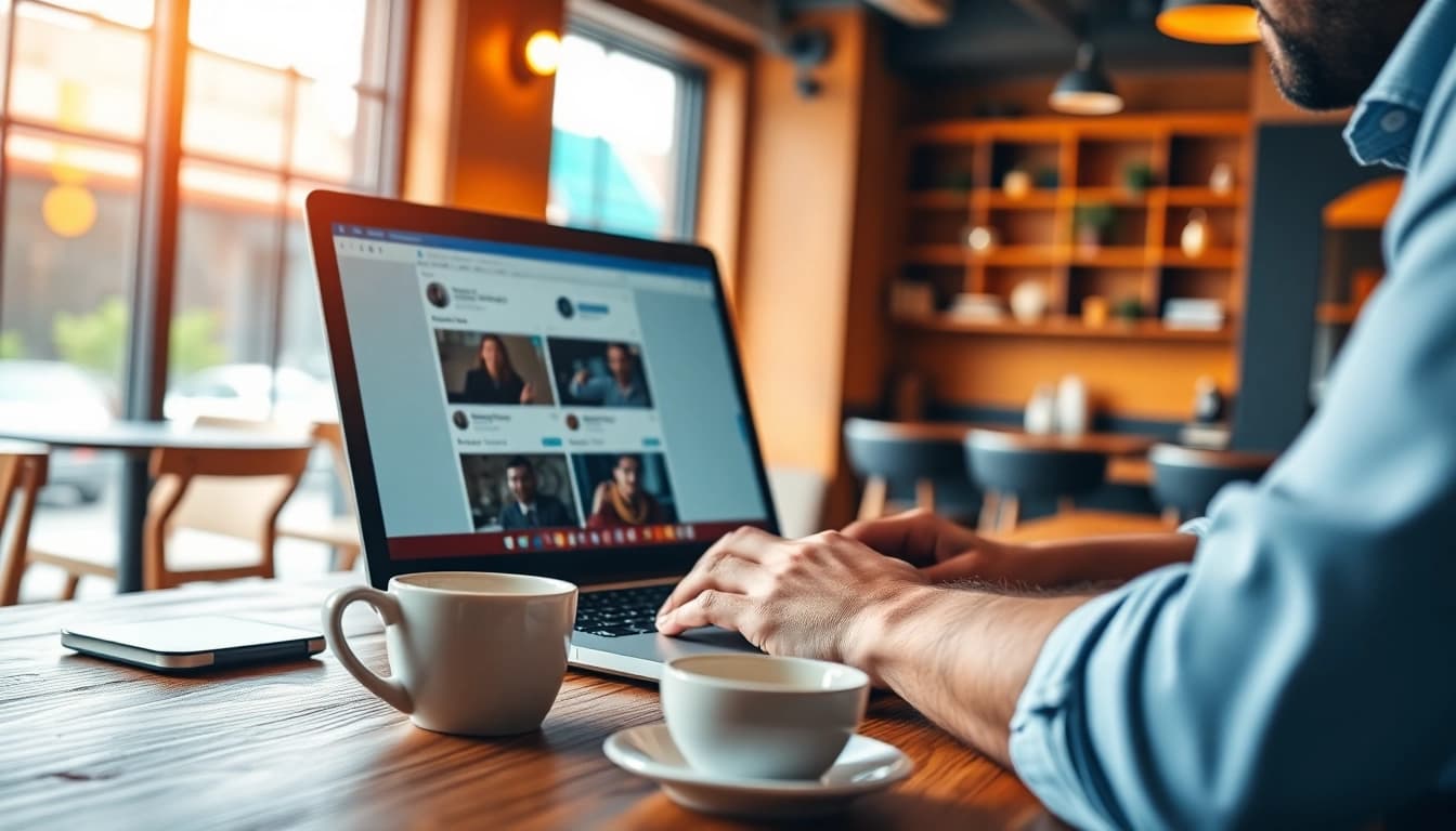 Engaging in LinkedIn profile rental analysis in a café setting with warm tones and inviting atmosphere.