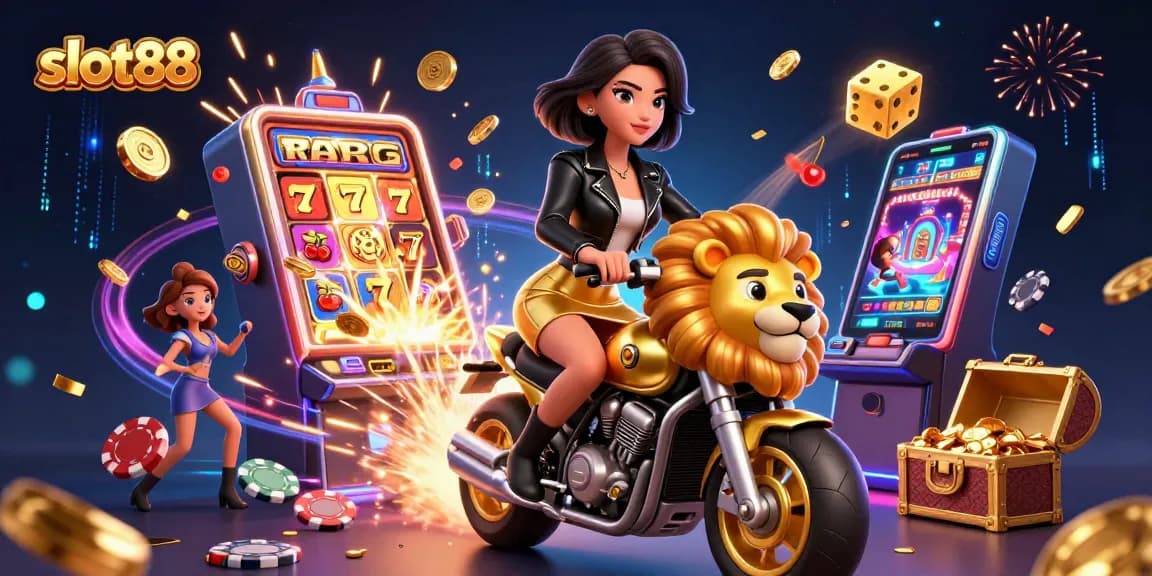 Spin the reels with slot88 as a glamorous woman rides a golden lion amidst a casino explosion.