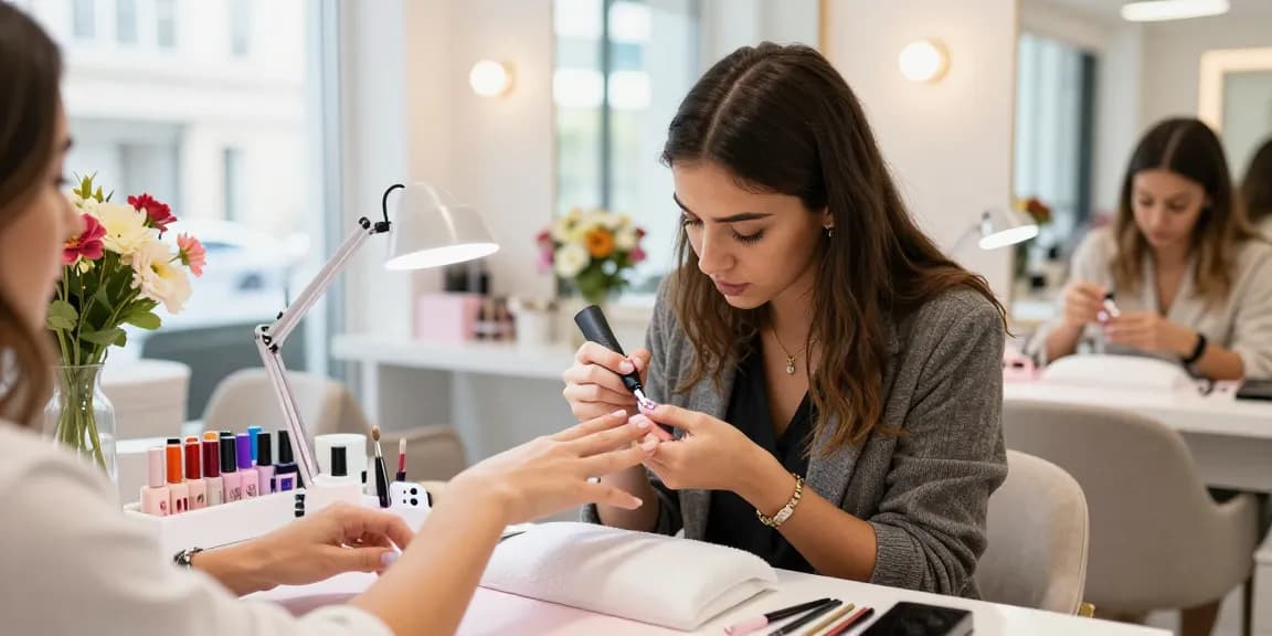 Artist profesional de unghii folosind o lampa UV LED unghii pentru manichiură cu gel într-un salon elegant.