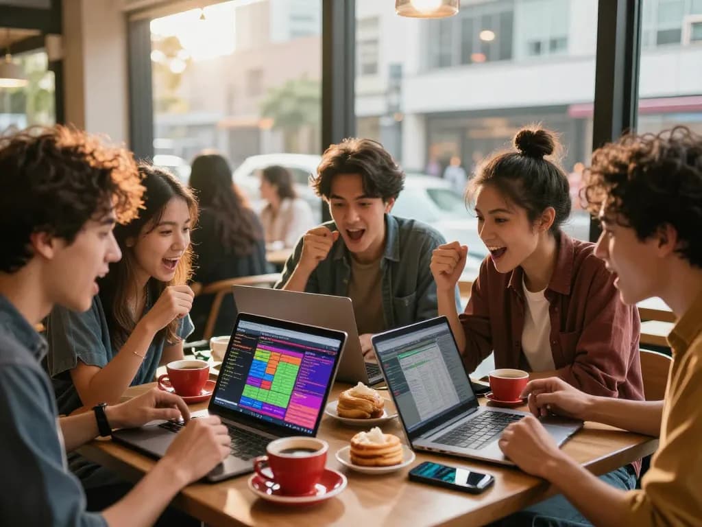 A group of friends discussing Agen Togel at a trendy café, showcasing excitement and community in a vibrant urban setting.