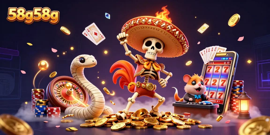 Experience the excitement of 58g58g with animated characters celebrating wins in a vibrant casino scene.