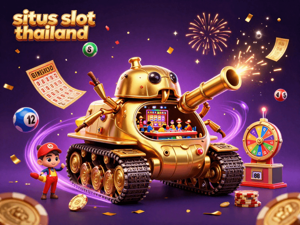 Experience situs slot thailand with a vibrant casino-themed 3D illustration featuring dynamic gaming elements.
