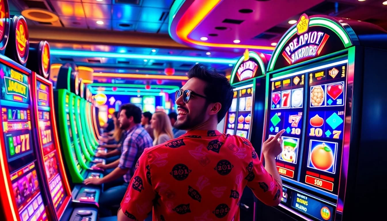 Players enjoying JAMUslot with thrilling slot machines and vibrant casino ambiance.