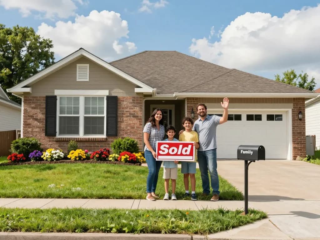 We buy houses for cash sign in front of happy family home, showcasing community spirit and new beginnings.