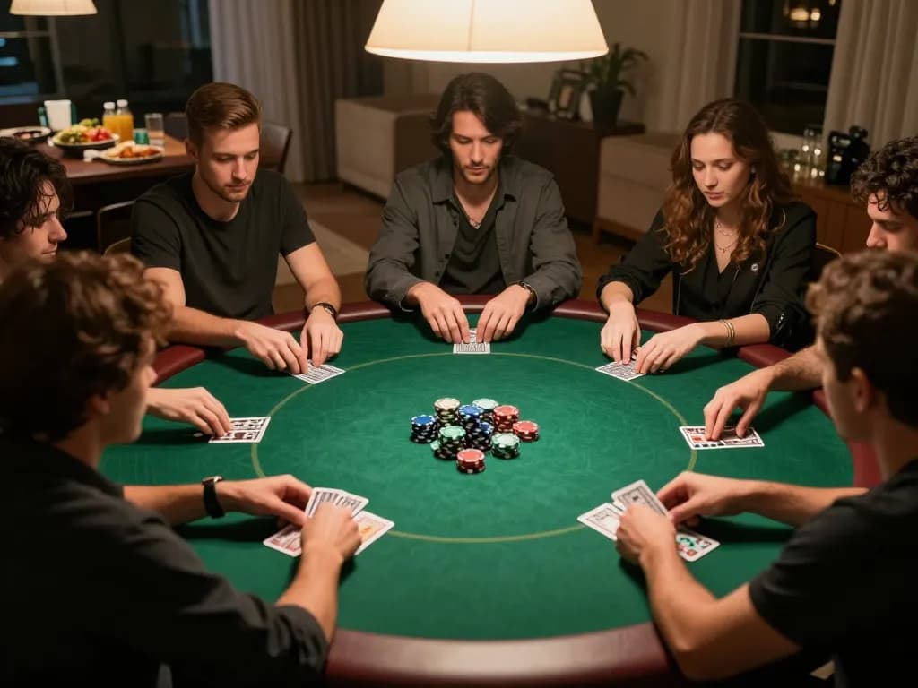 98win poker players engaged in a strategic card game at a private home gathering, showcasing intense gameplay.