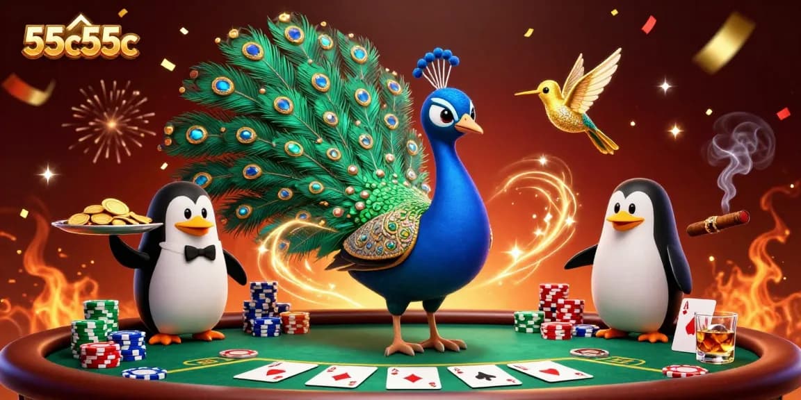 Engage with vibrant 55c55c casino scene showcasing a majestic peacock and poker action.