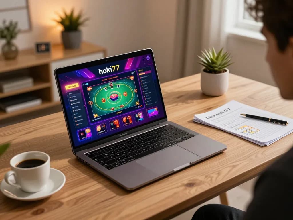Suasana menarik dari judi online dengan antarmuka hoki77 di laptop, mempromosikan permainan yang strategis.