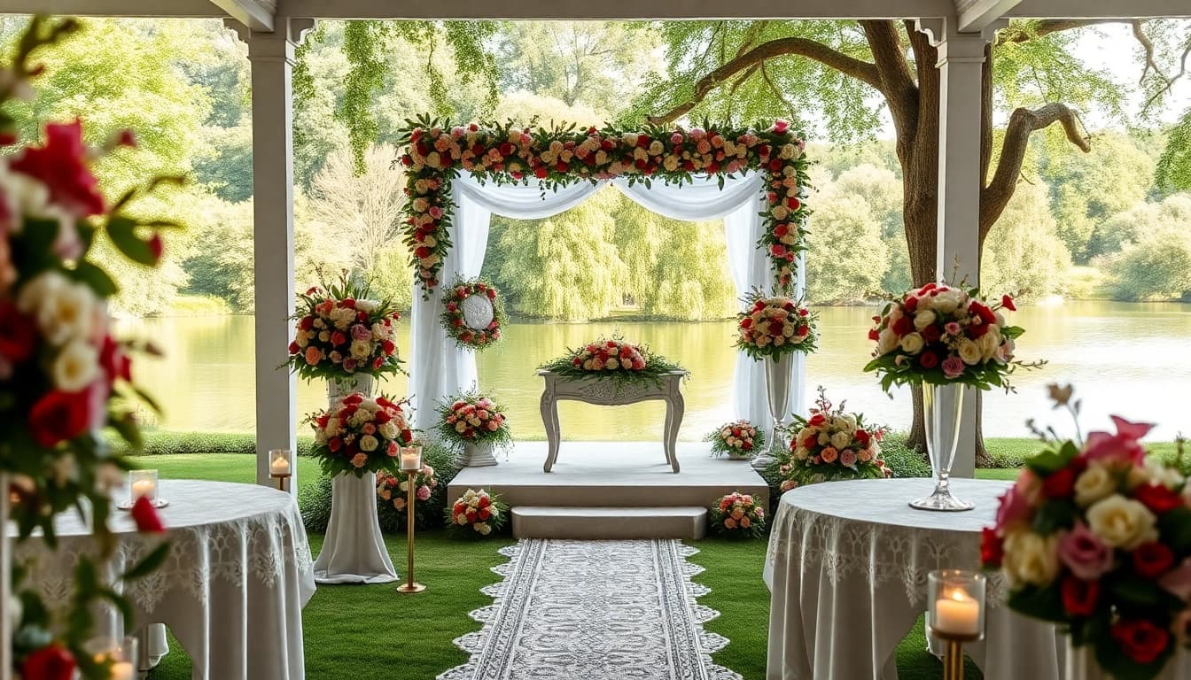 Schöne hochzeit location mit eleganten Blumenarrangements in einer Gartenlandschaft.