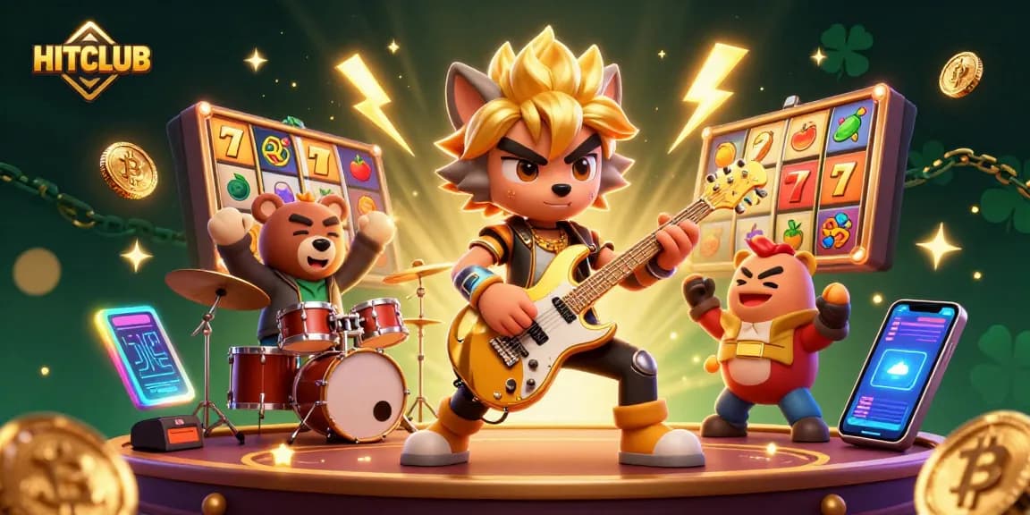 Experience the thrilling HITCLUB casino scene with vibrant slot reels and animated characters