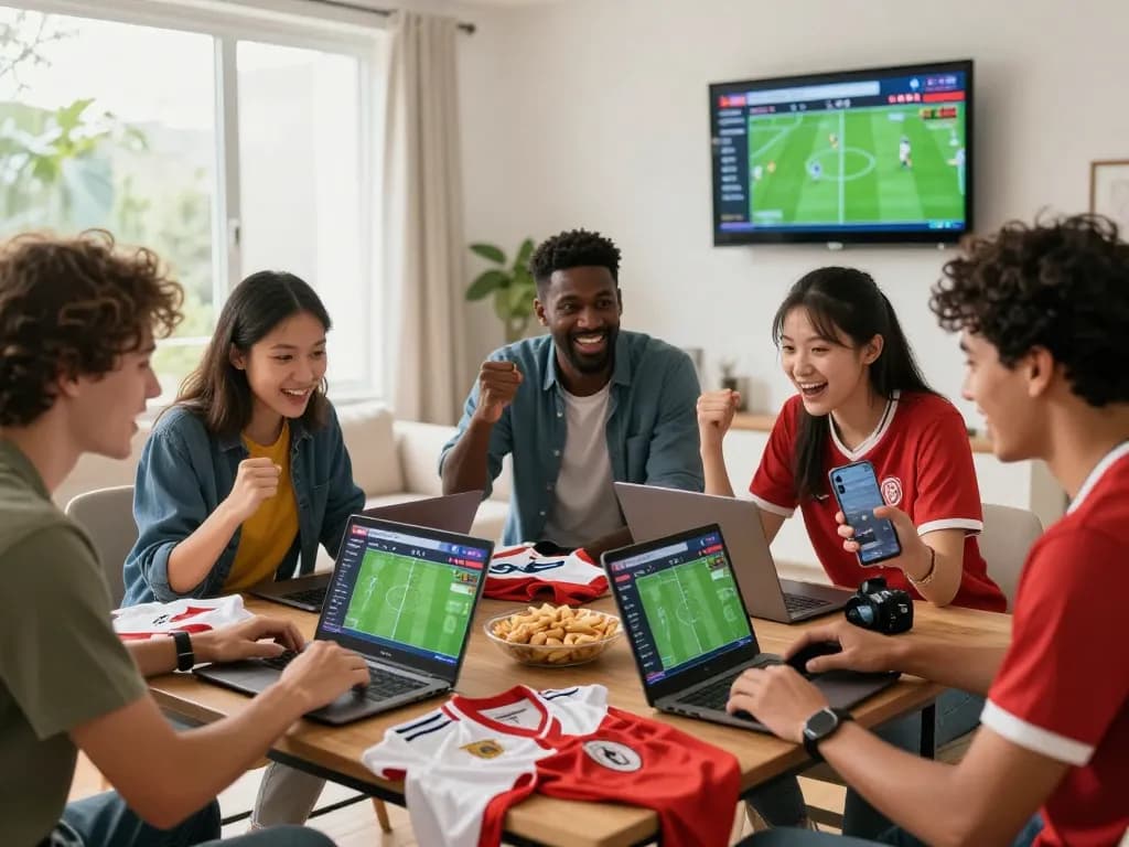Friends analyzing kèo nhà cái on laptops during a sports betting event, capturing excitement and competitive atmosphere.