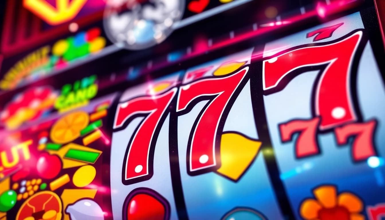 Main focus on slot777 dengan mesin slot berwarna cerah dan simbol menarik dalam suasana kasino yang semarak.