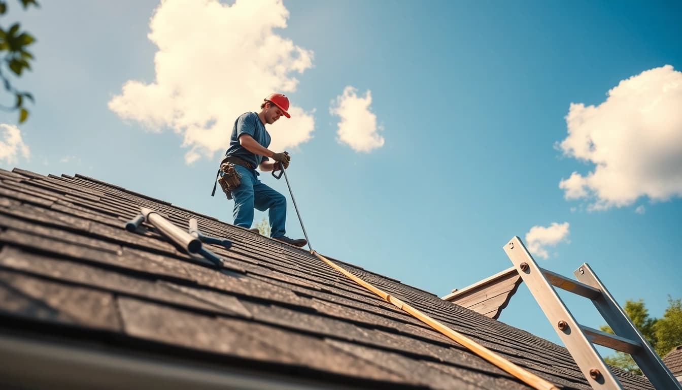 Contractor performing roof repair on a residential home, showcasing expertise.