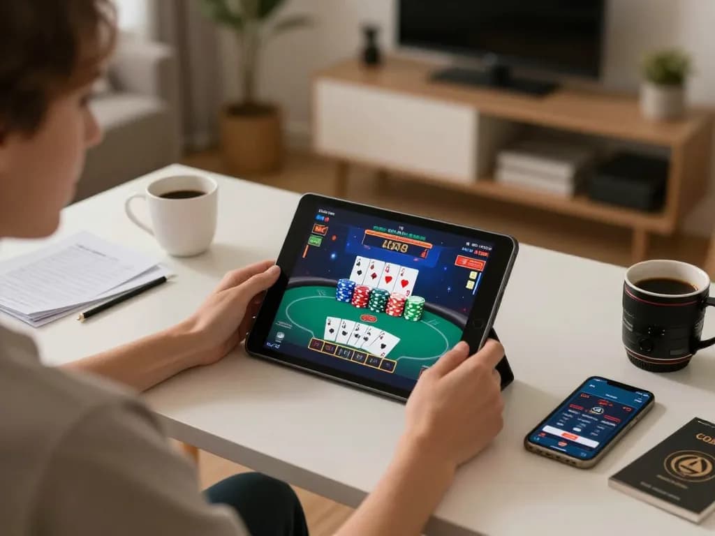 Player enjoying hytw3339 online gaming with engaging poker action on tablet, showcasing a vibrant home setup