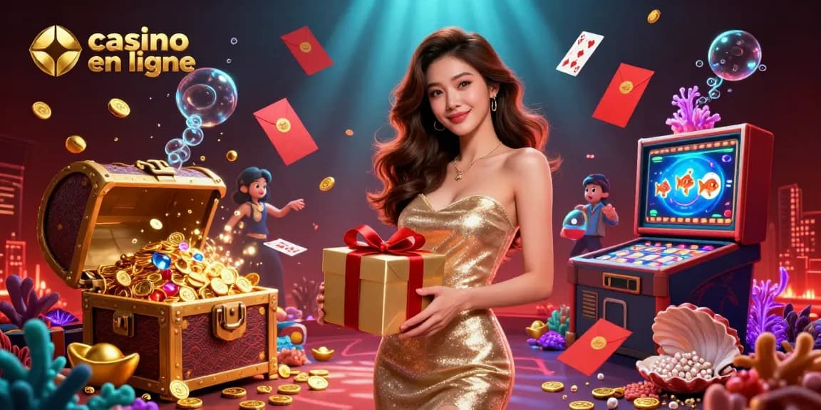 Scène engageante de casino en ligne mettant en vedette une femme accueillante avec des pièces d'or, des cartes flottantes et des décorations festives.