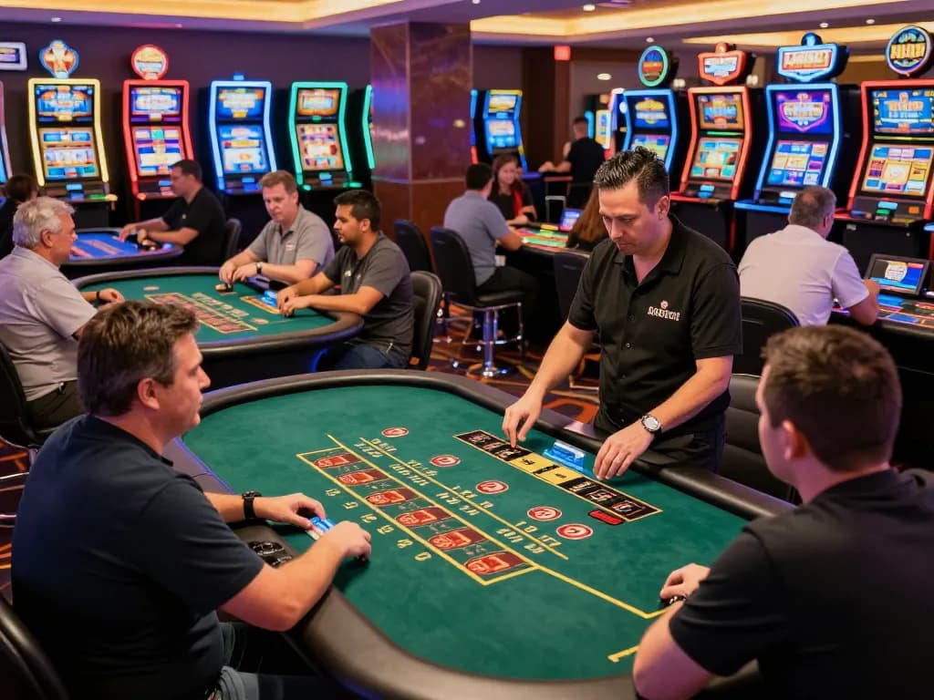 Players enjoying games at a casino senza licenza adm, with vibrant lights and action.