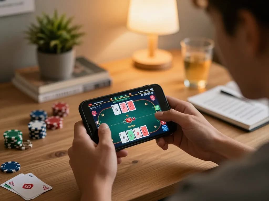 A player engaging in the online poker game open888 on a smartphone, showcasing strategic gameplay at home.