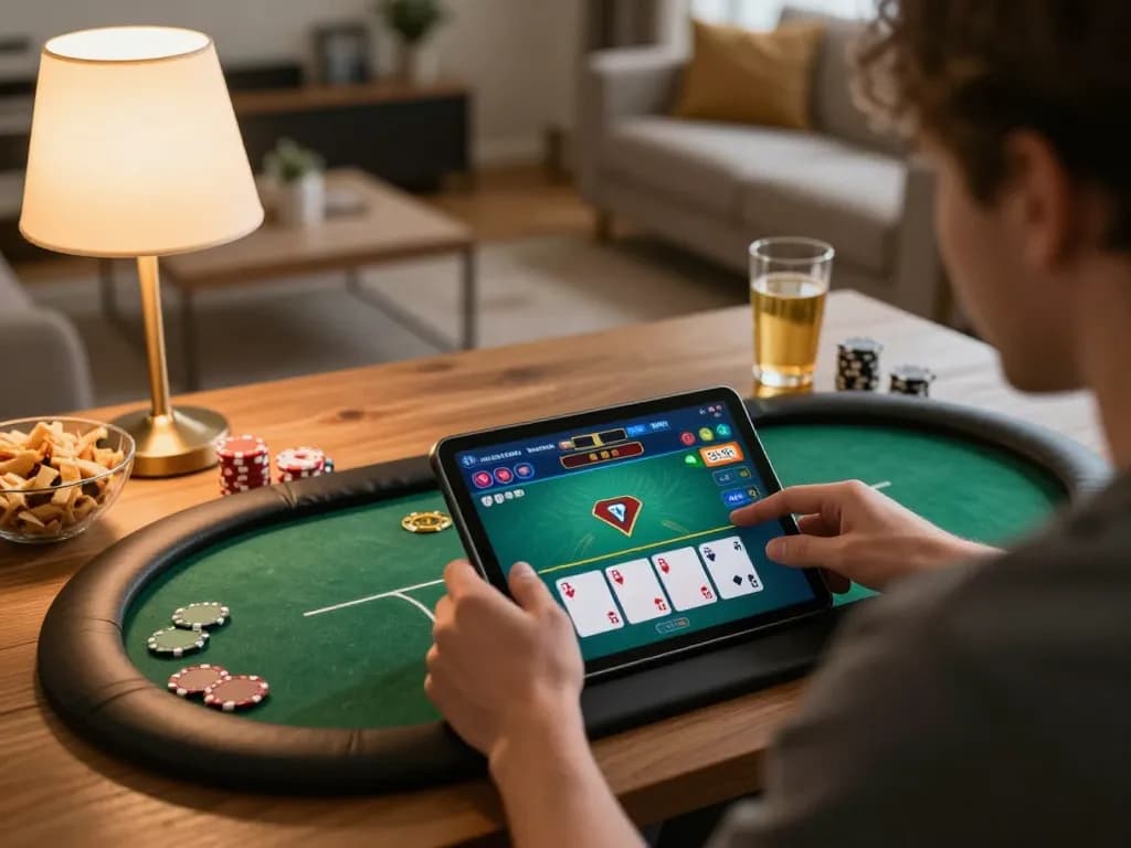 DOLA88 player enjoying an online poker game in a cozy living room setup with snacks and warm lighting.