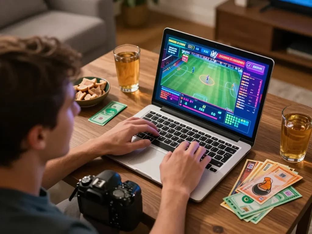 Person engaging in online sports betting with 28bet on laptop, excited atmosphere