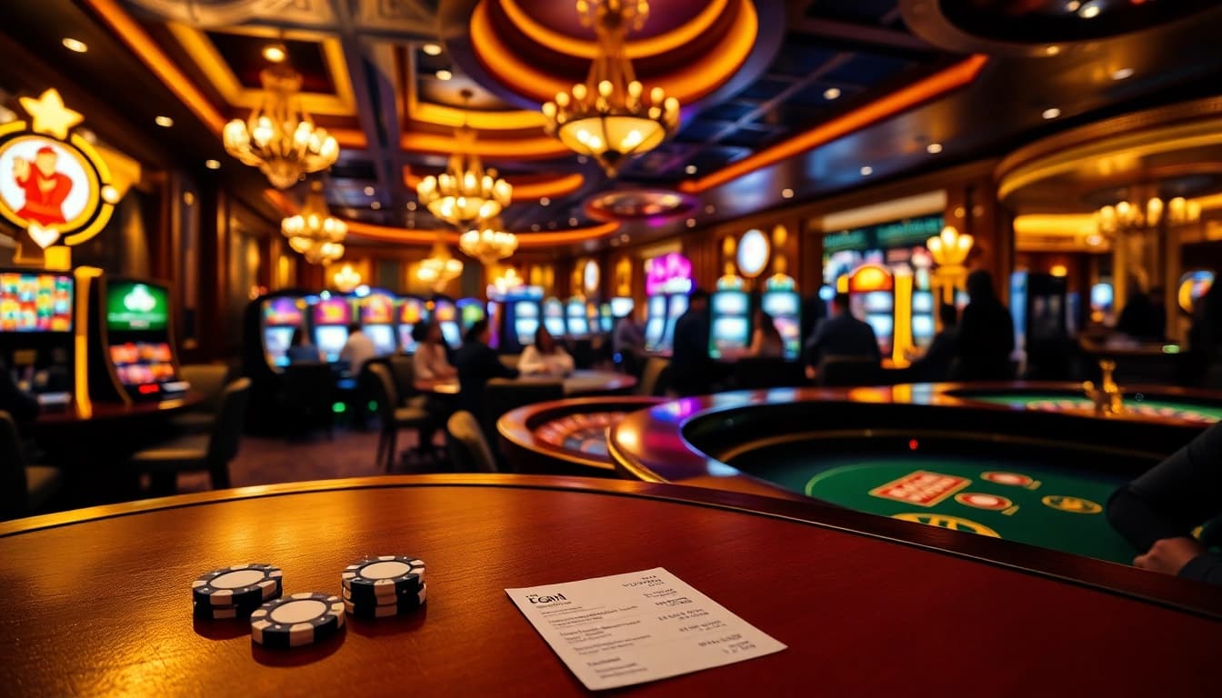 Une scène dynamique du meilleur casino en ligne mettant en vedette des tables de jeu passionnantes et des jetons de poker vibrants.