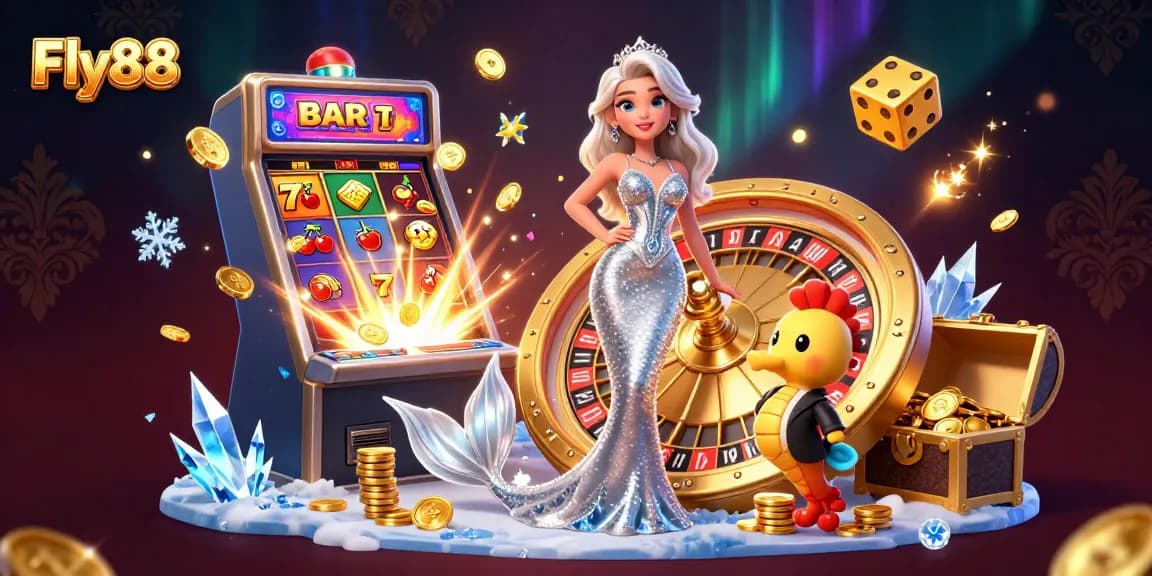 Experience thrilling gaming with Fly88's vibrant scene of a glamorous mermaid and exciting casino games.