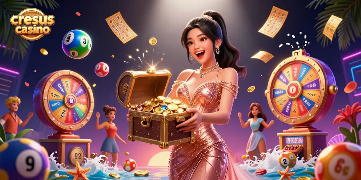 Cresus Casino présente une femme asiatique joyeuse présentant des trésors au milieu d'éléments de jeu vibrants, incarnant l'excitation.