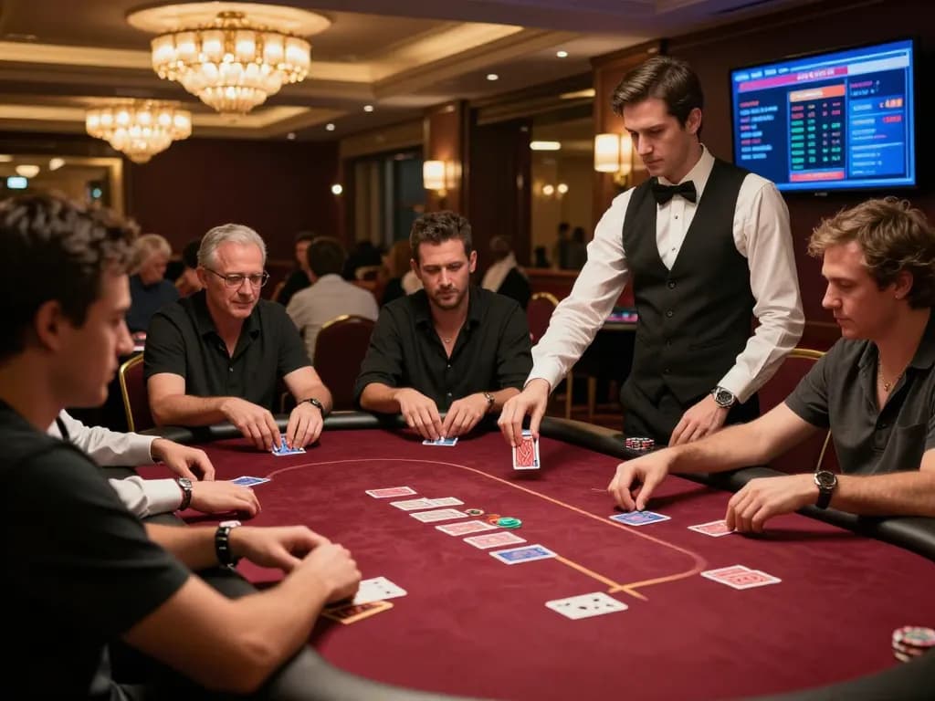 Players strategizing at a poker table in an elegant casino atmosphere at lc88.
