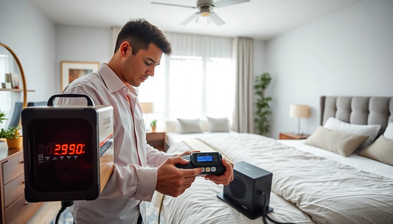 Illustration of bed bug heat treatment being applied by a professional technician in a sterile environment.