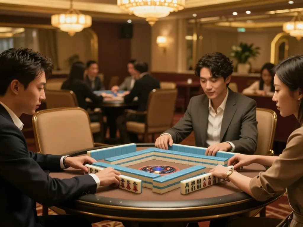 Engaged players discuss strategies while playing mahjong at a luxury casino table.