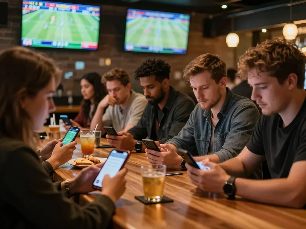 Engaged patrons placing bets on their devices at a lively sports bar enhancing the sc88 experience