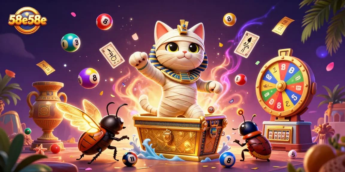 O cassino 58e58e é representado por um gato múmia de 3D em um cenário vibrante com cartas de hieróglifos.
