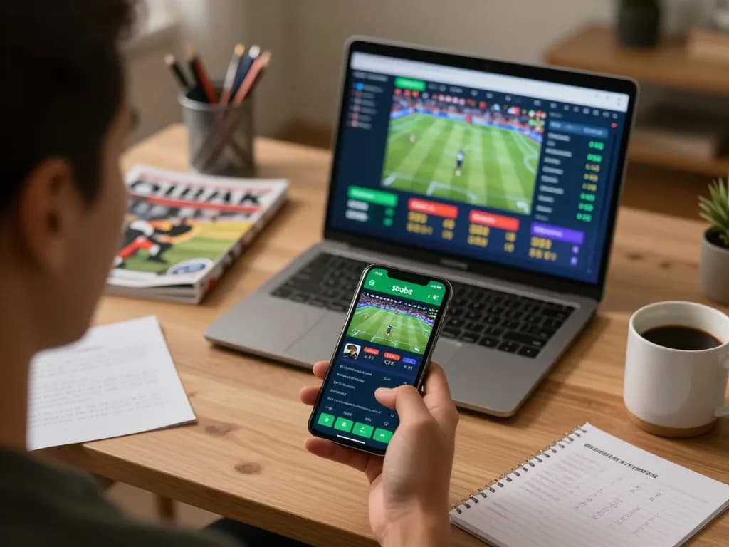 Place bets on sbobet app while actively reviewing sports odds and strategies in a cozy home office.