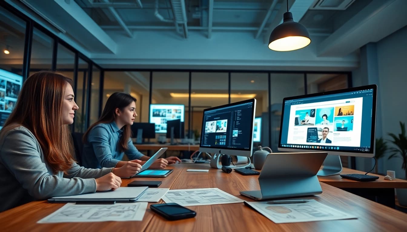 Professional website design scene with team collaboration and digital tools.
