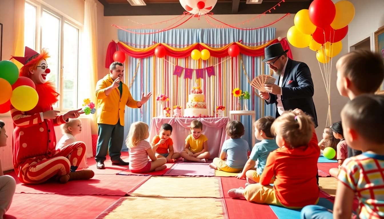 Birthday party entertainers delighting children with magic tricks and joy at a colorful event.