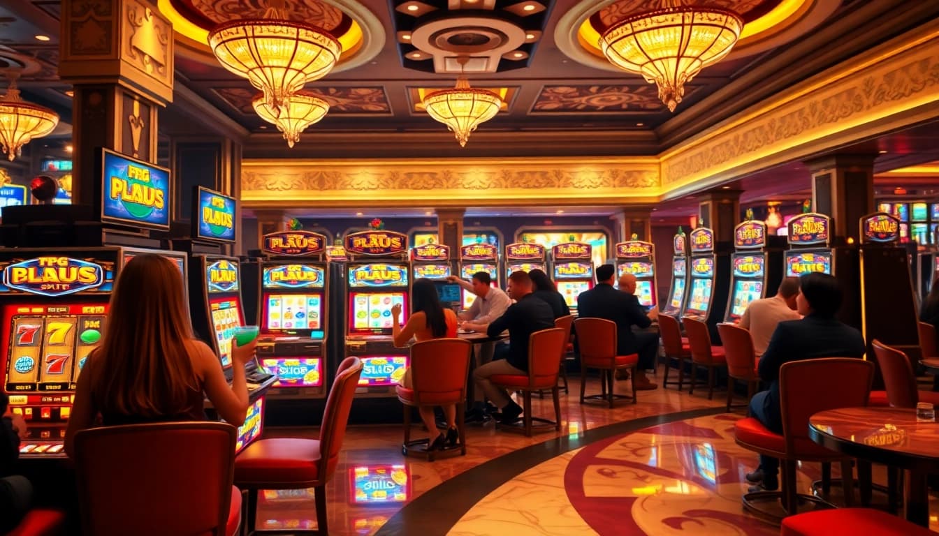 Experience the thrill of PG Slots in a luxurious casino environment filled with players celebrating wins and vibrant machines.