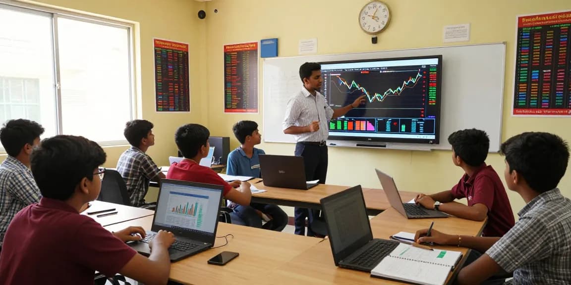 Students learning at the leading stock market training institute in Kerala with interactive trading sessions.