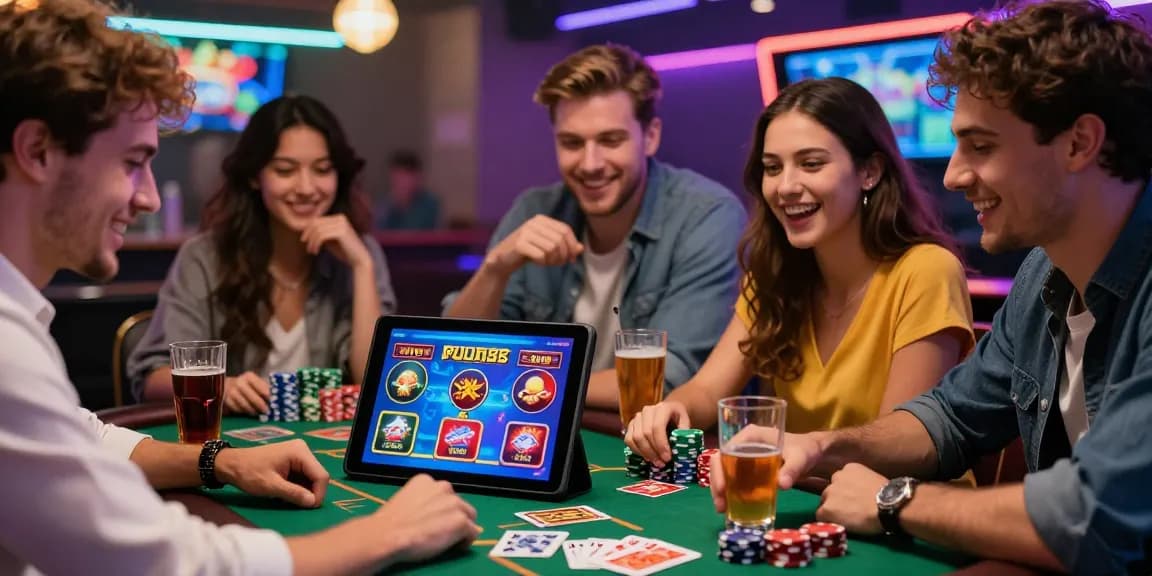 Des amis profitant des jeux de casino en ligne sur une tablette avec des jetons et des cartes.