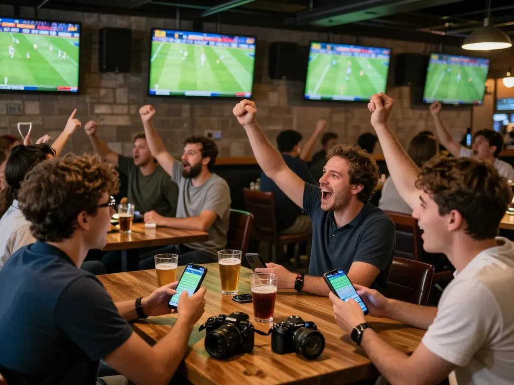 Fans engaging with okwintv during a live soccer match at a vibrant sports bar, showcasing lively atmosphere.