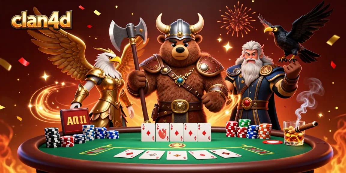 Experience the thrill of clan4d with a Viking bear and Valkyrie eagle at a vibrant poker table.
