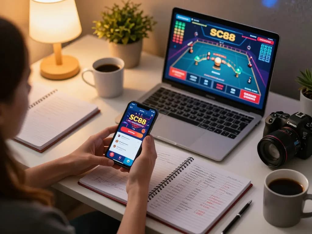 Player engaging with SC88 app on smartphone during online casino game, demonstrating strategic gambling.