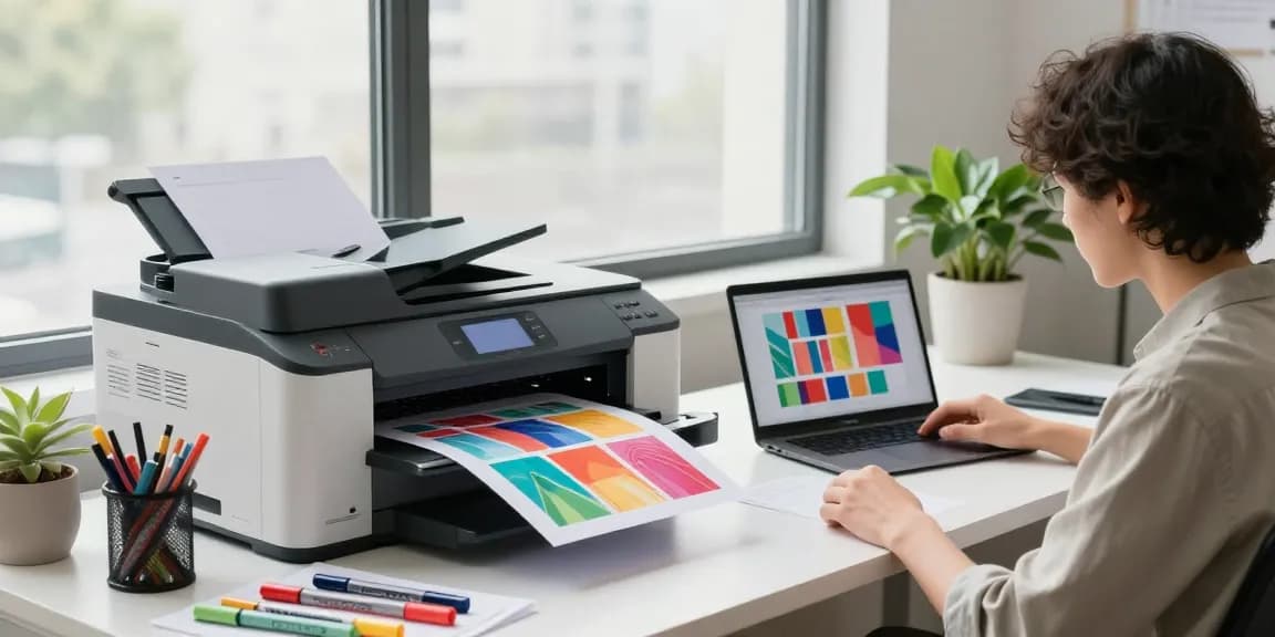Dynamic workspace with Poster Printer Machines producing vibrant designs